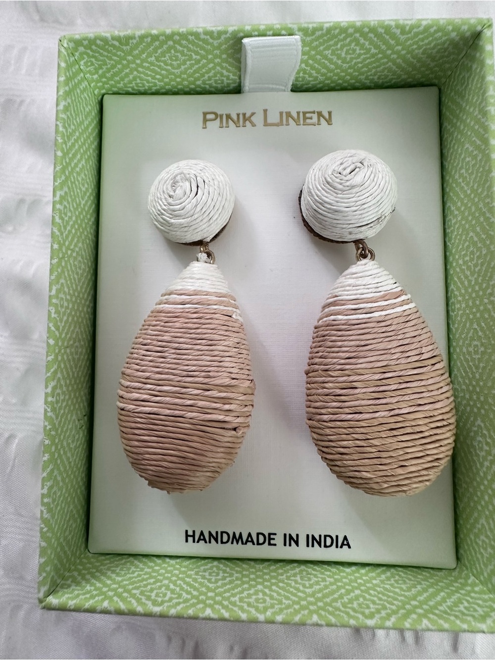 Pink Linen Beige & White Woven Teardrop Earrings